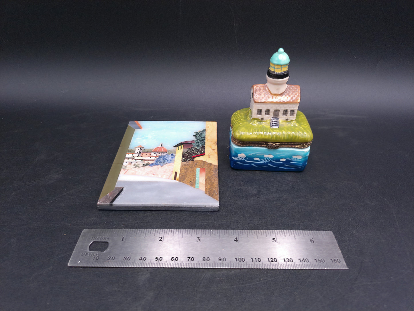 Lighthouse Trinket Box w/ Hinged Lid Hand Painted and painted plate