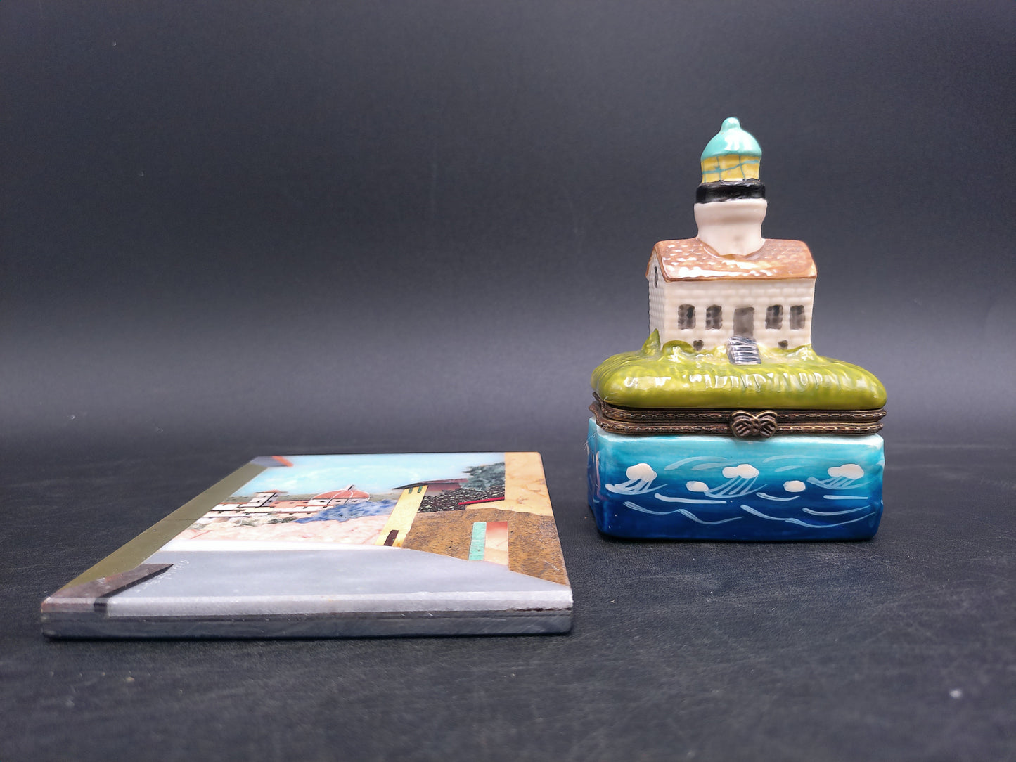 Lighthouse Trinket Box w/ Hinged Lid Hand Painted and painted plate