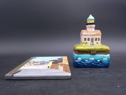 Lighthouse Trinket Box w/ Hinged Lid Hand Painted and painted plate