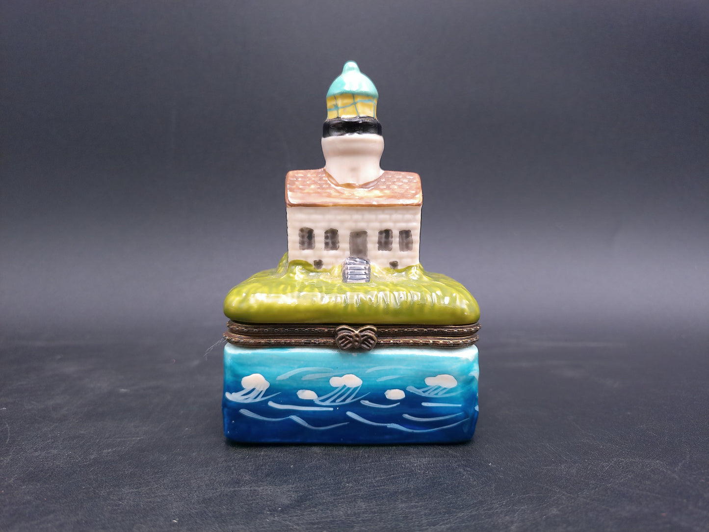Lighthouse Trinket Box w/ Hinged Lid Hand Painted and painted plate