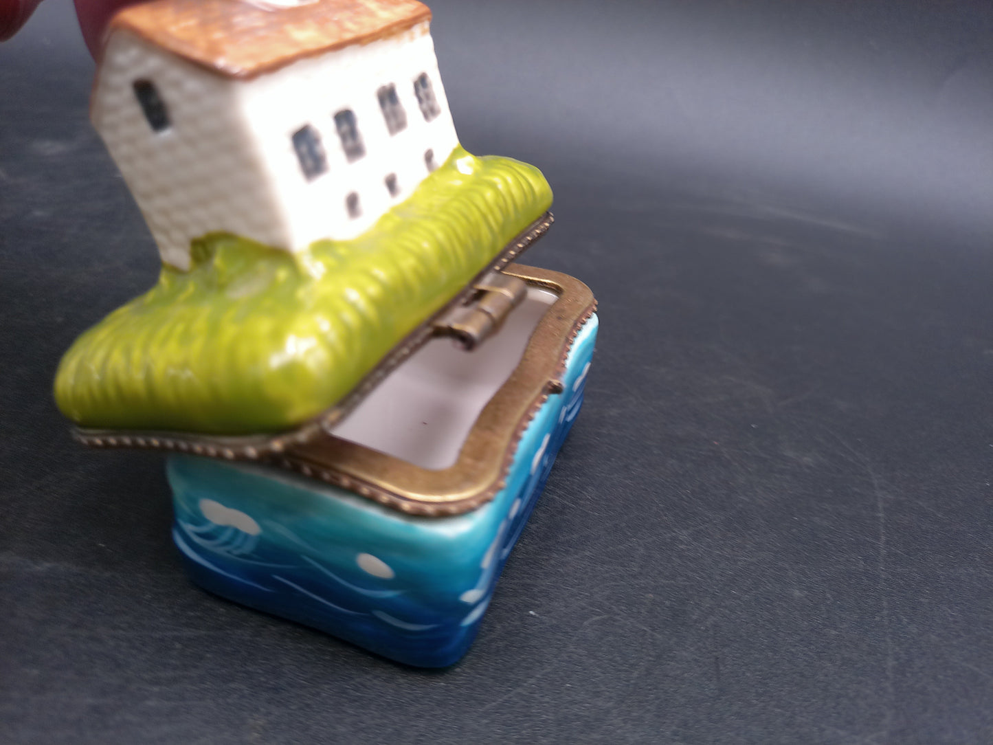 Lighthouse Trinket Box w/ Hinged Lid Hand Painted and painted plate