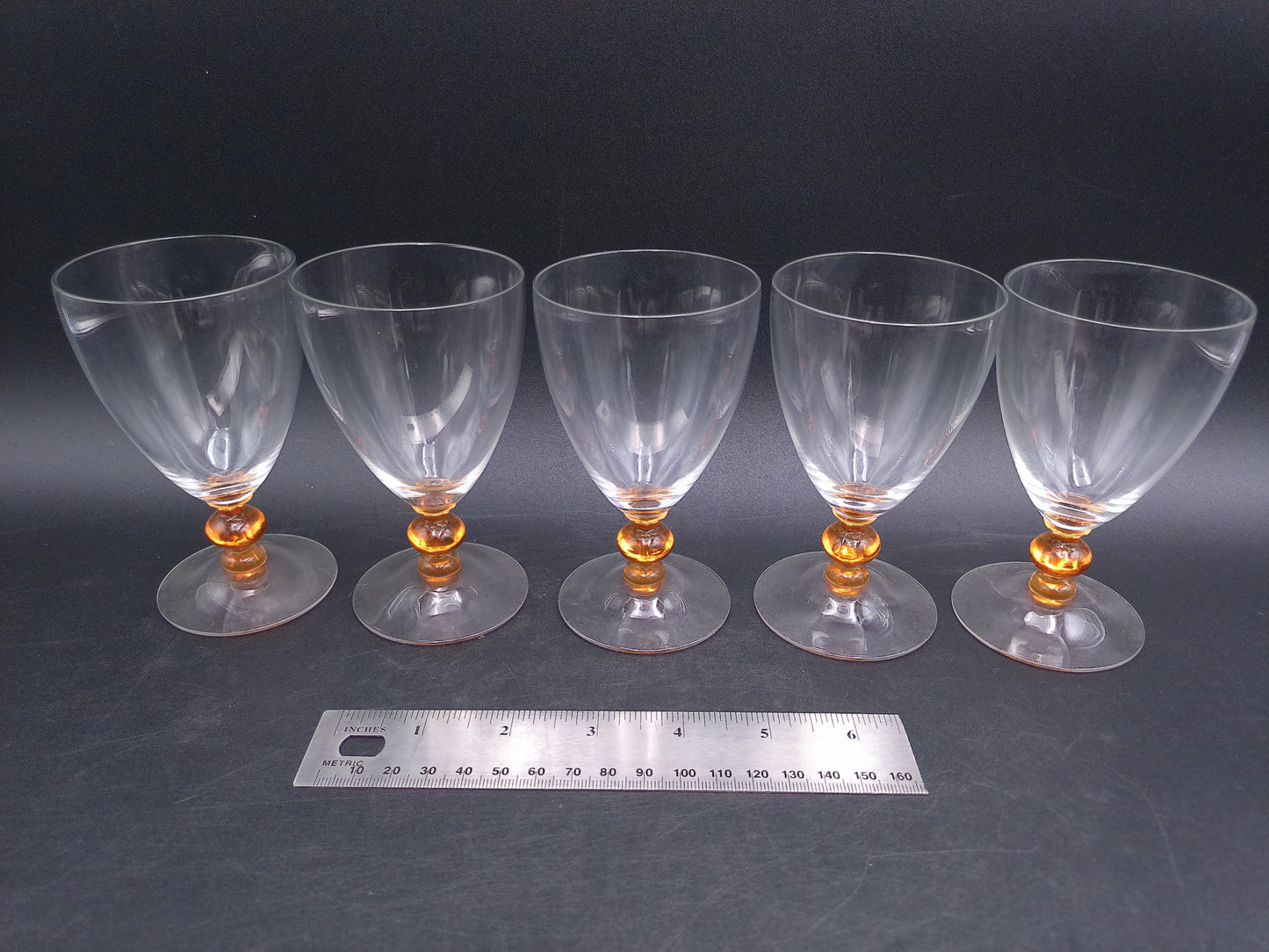 Set of 5 Luminarc Clear Crystal Top Amber Ball Stem Glasses