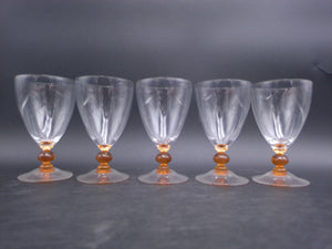 Set of 5 Luminarc Clear Crystal Top Amber Ball Stem Glasses