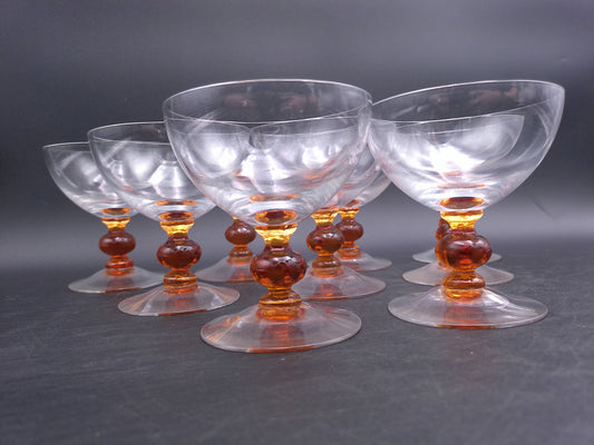 Set of 9  Clear Crystal Top Amber Ball Stem Wine or Water Glasses