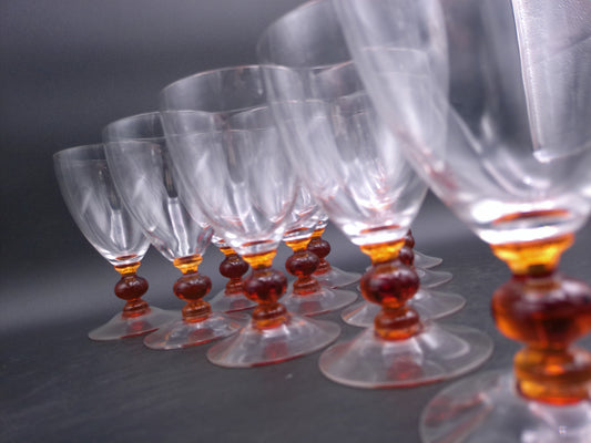 Set of 11  Clear Crystal Top Amber Ball Stem Wine or Water Glasses