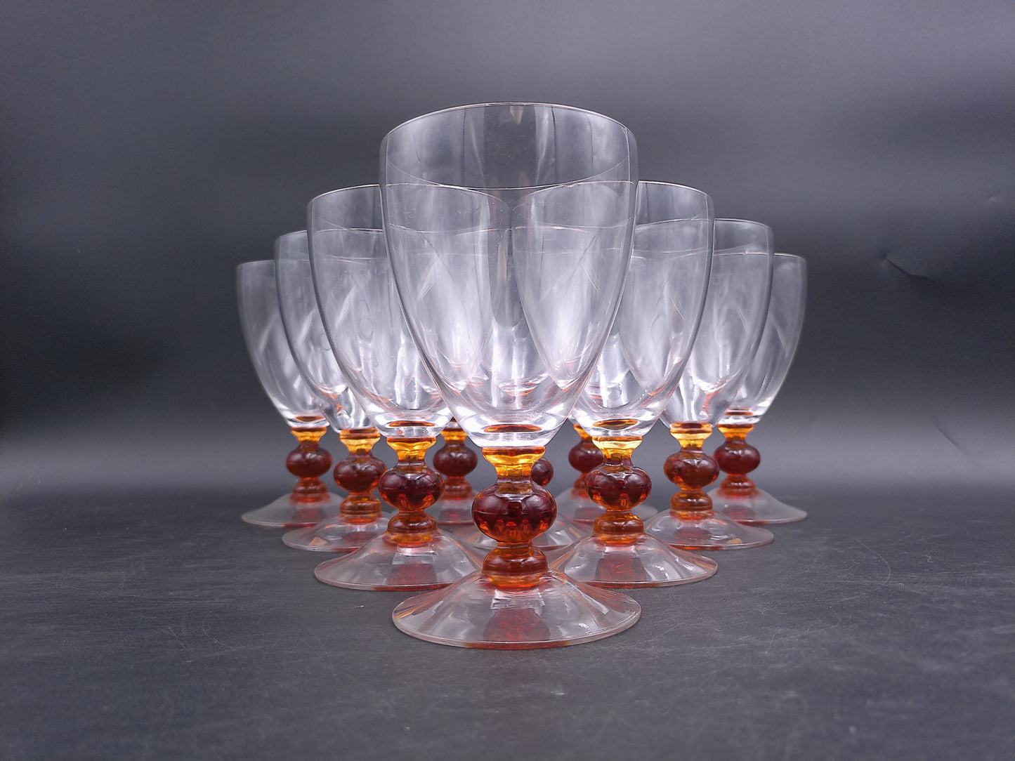Set of 11  Clear Crystal Top Amber Ball Stem Wine or Water Glasses