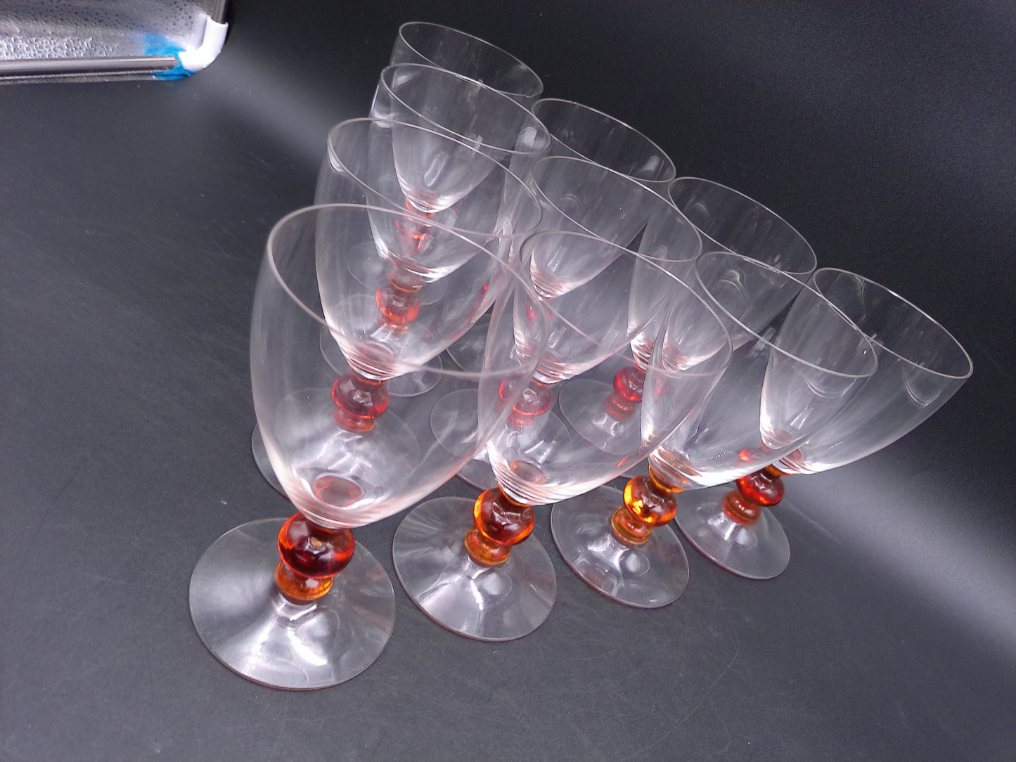 Set of 11  Clear Crystal Top Amber Ball Stem Wine or Water Glasses