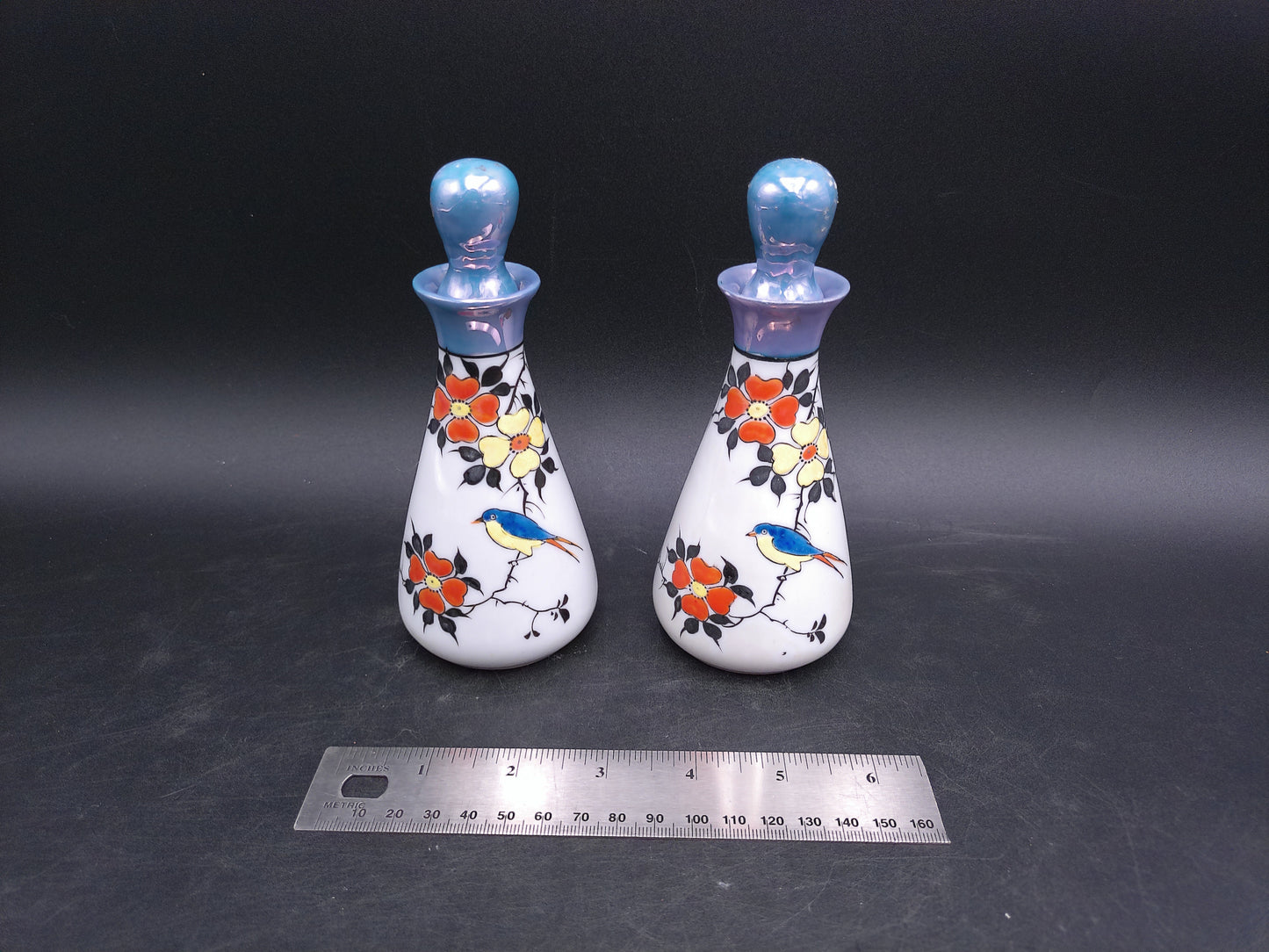 Japan Lusterware Vinegar and Oil Cruet Porcelain Bird Hand Painted