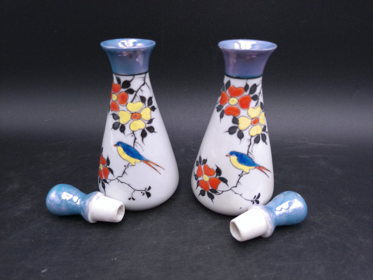 Japan Lusterware Vinegar and Oil Cruet Porcelain Bird Hand Painted