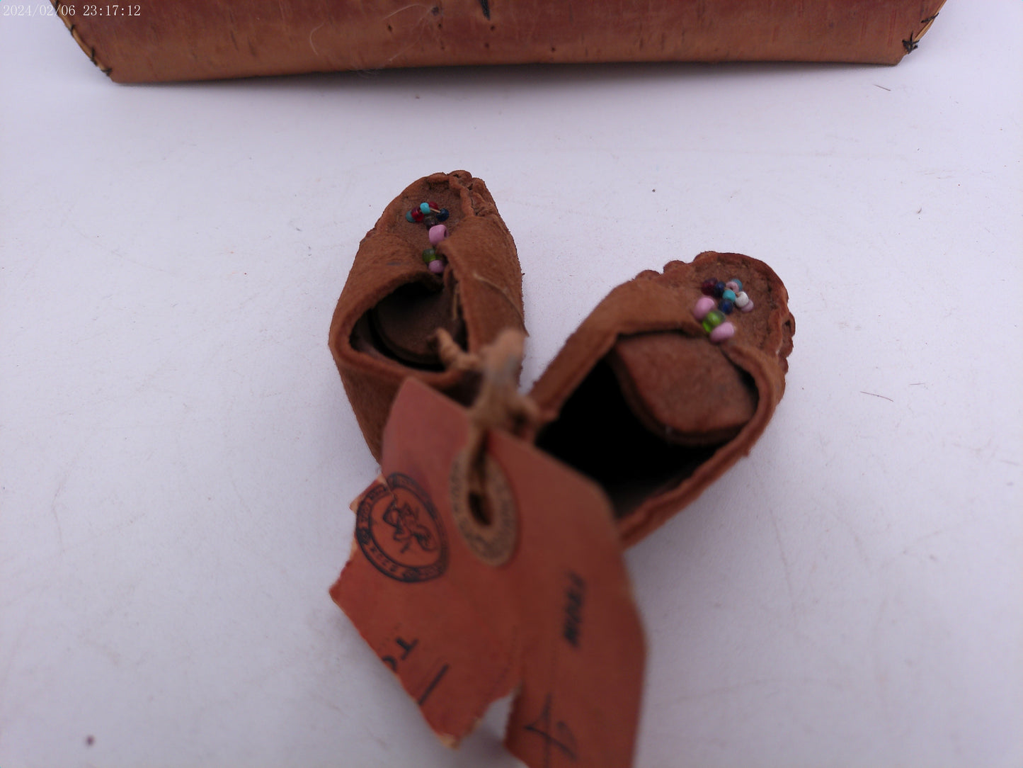 Hand Made Miniature Vintage Birch Bark Canoe and pair of moccasins