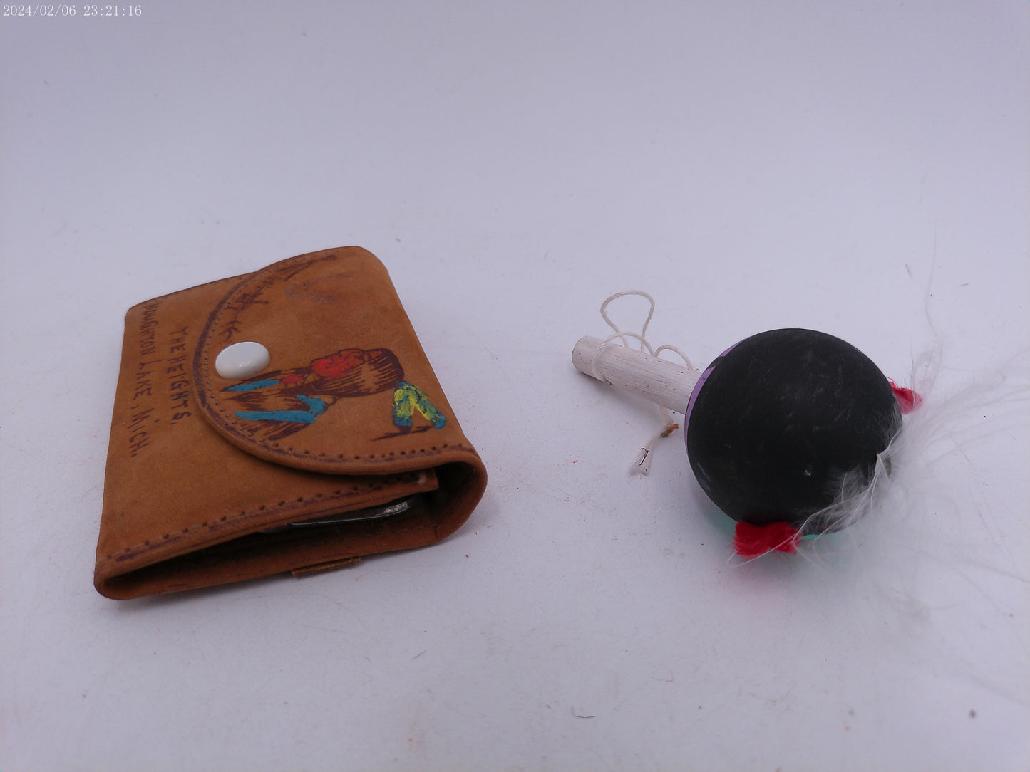 Hand Made Small Leather Bag and Colorful Indian Rattle