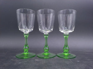 Set of 3  Vintage Glass Sherry Wine Liqueur Glasses with Green Stems