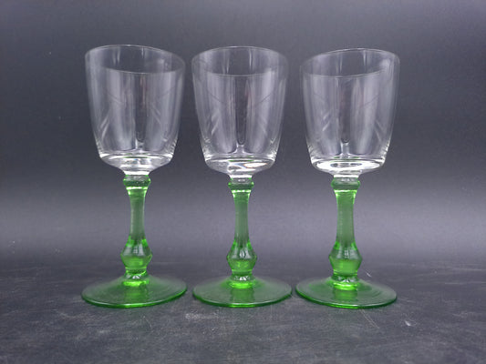 Set of 3  Vintage Glass Sherry Wine Liqueur Glasses with Green Stems