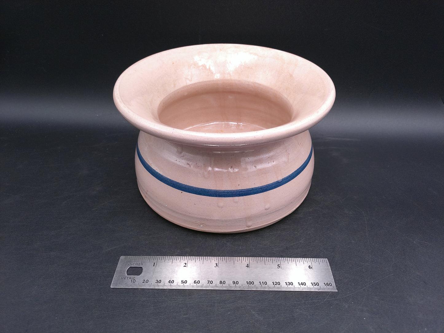 eavy Stoneware Pottery Spittoon - Flower Pot / Planter - Tan and Blue Striped Cuspidor Spit Bowl