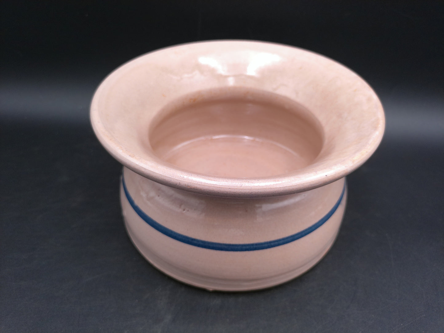 eavy Stoneware Pottery Spittoon - Flower Pot / Planter - Tan and Blue Striped Cuspidor Spit Bowl