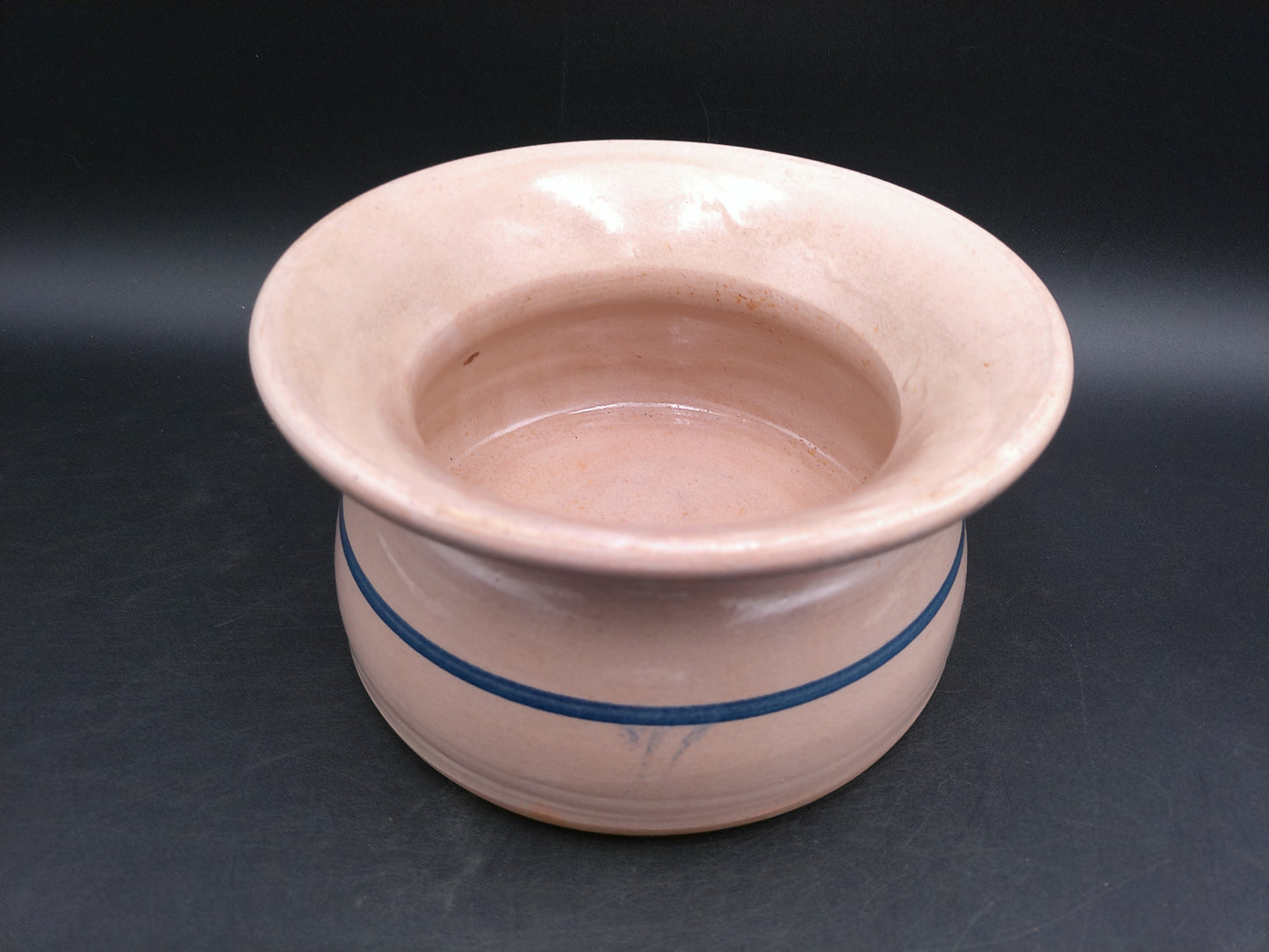 eavy Stoneware Pottery Spittoon - Flower Pot / Planter - Tan and Blue Striped Cuspidor Spit Bowl