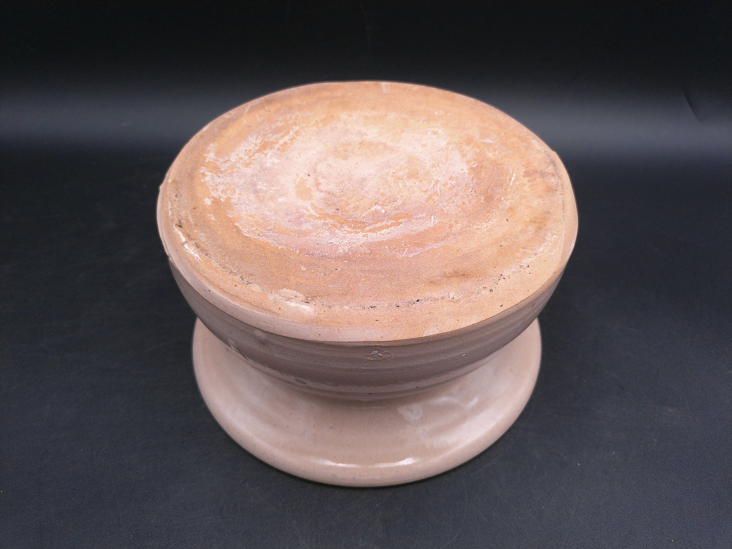 eavy Stoneware Pottery Spittoon - Flower Pot / Planter - Tan and Blue Striped Cuspidor Spit Bowl
