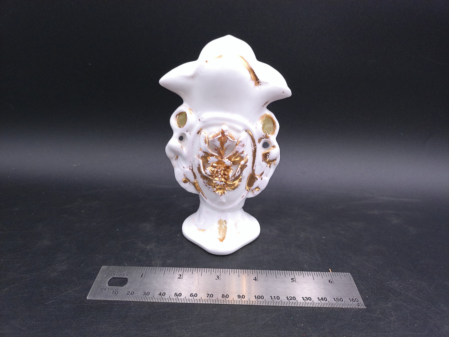 Antique French Bud Vase Ceramic Gold Color Faded with Lady Figurine