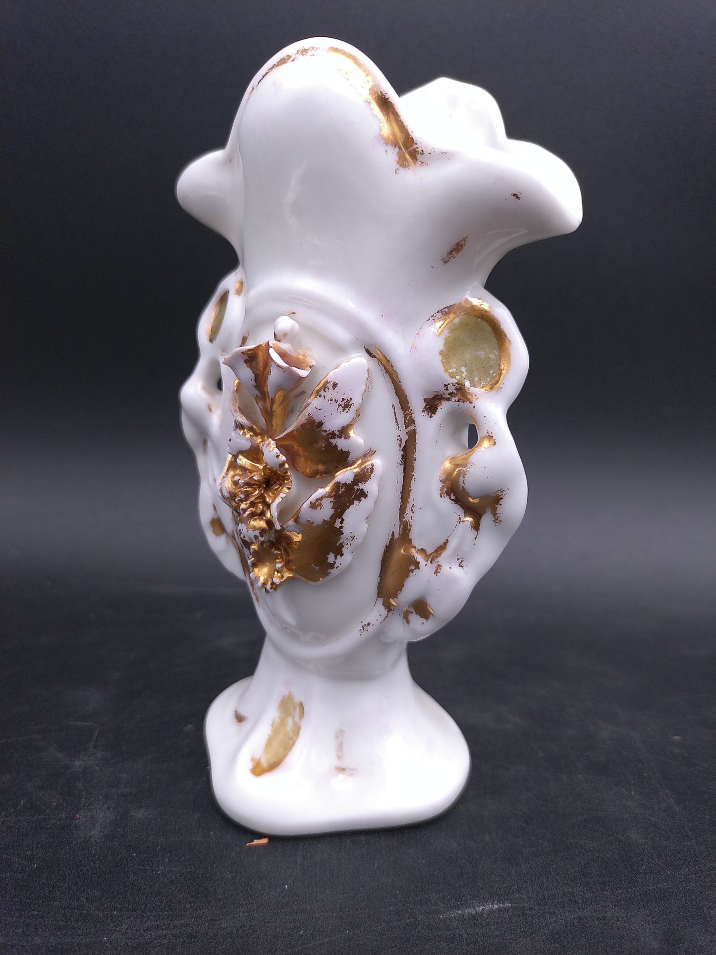 Antique French Bud Vase Ceramic Gold Color Faded with Lady Figurine