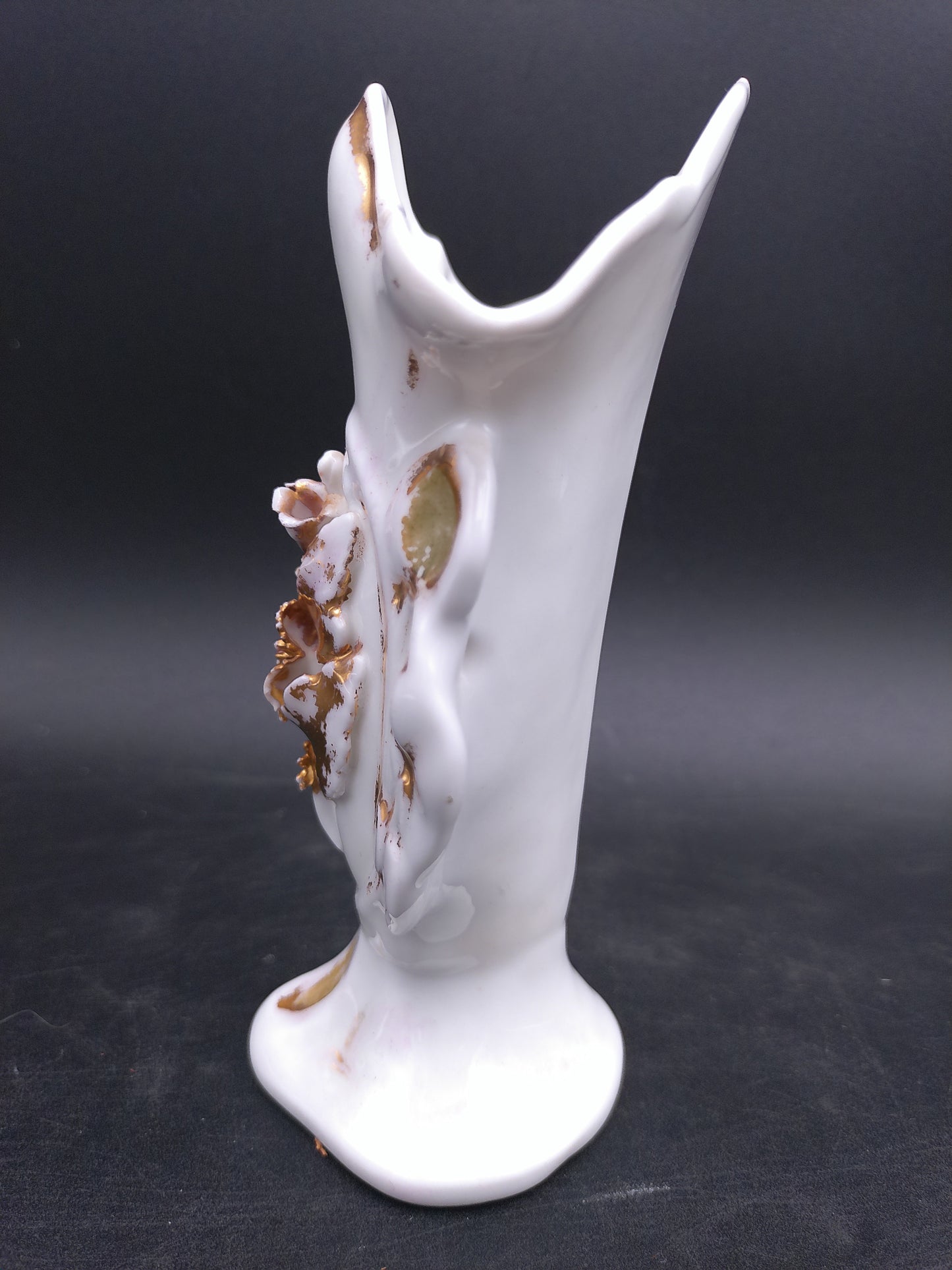 Antique French Bud Vase Ceramic Gold Color Faded with Lady Figurine