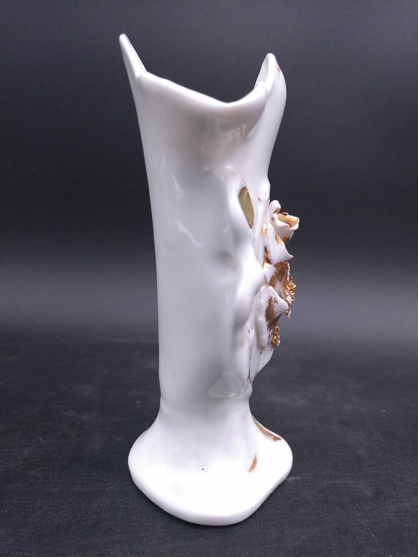 Antique French Bud Vase Ceramic Gold Color Faded with Lady Figurine