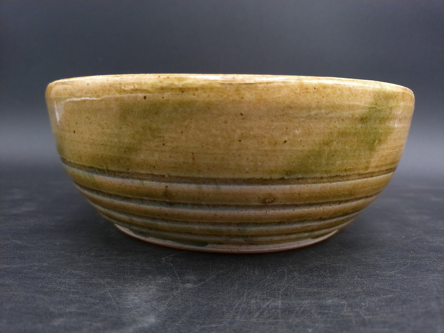 Japanese Ceramic Green Yellow Glossy Tea Bowl  Vintage