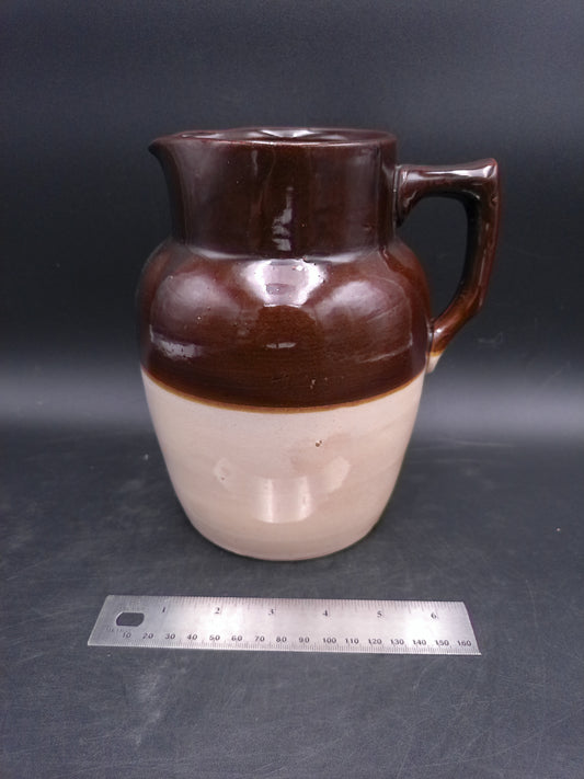 Pitcher Jug Brown and Tan Stoneware Crock Farmhouse Milk Water Vintage