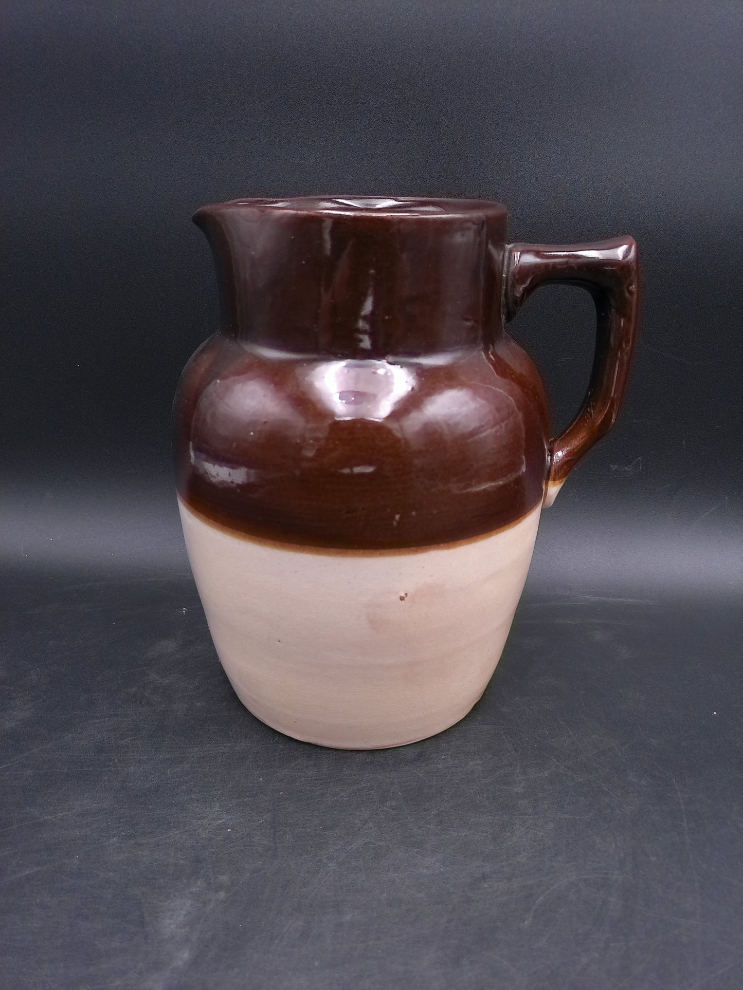 Pitcher Jug Brown and Tan Stoneware Crock Farmhouse Milk Water Vintage