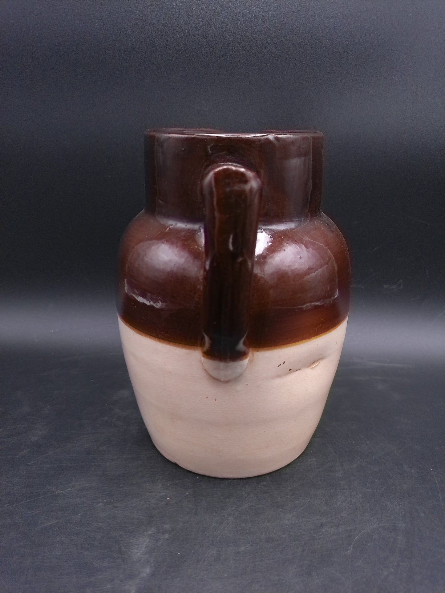 Pitcher Jug Brown and Tan Stoneware Crock Farmhouse Milk Water Vintage