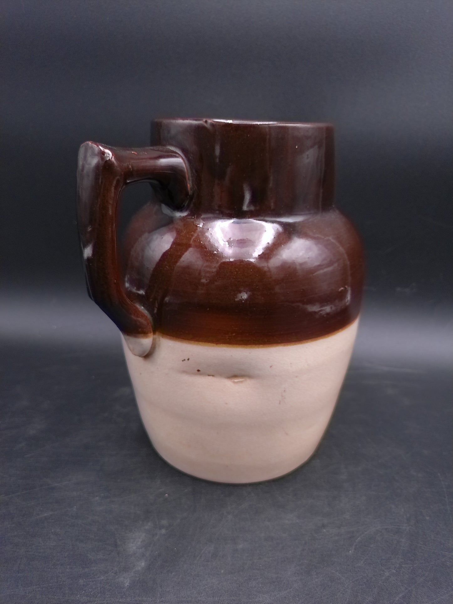 Pitcher Jug Brown and Tan Stoneware Crock Farmhouse Milk Water Vintage