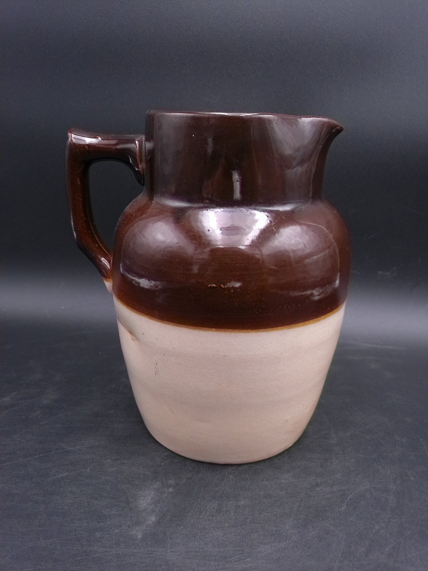 Pitcher Jug Brown and Tan Stoneware Crock Farmhouse Milk Water Vintage