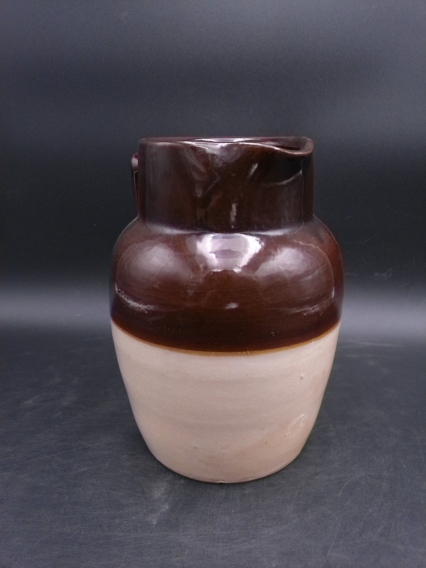 Pitcher Jug Brown and Tan Stoneware Crock Farmhouse Milk Water Vintage