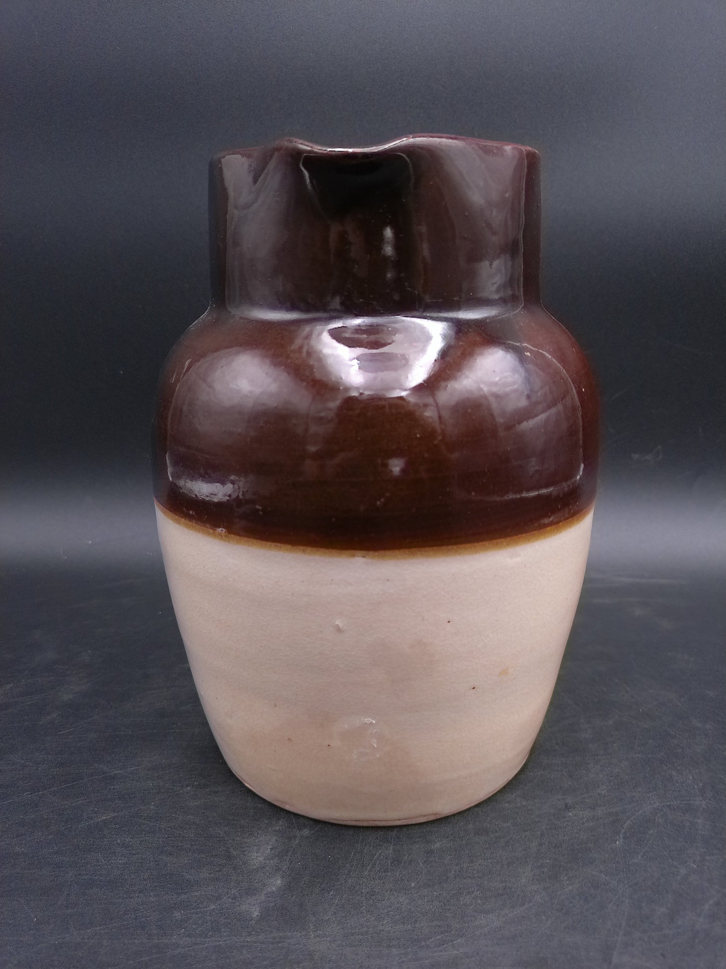 Pitcher Jug Brown and Tan Stoneware Crock Farmhouse Milk Water Vintage