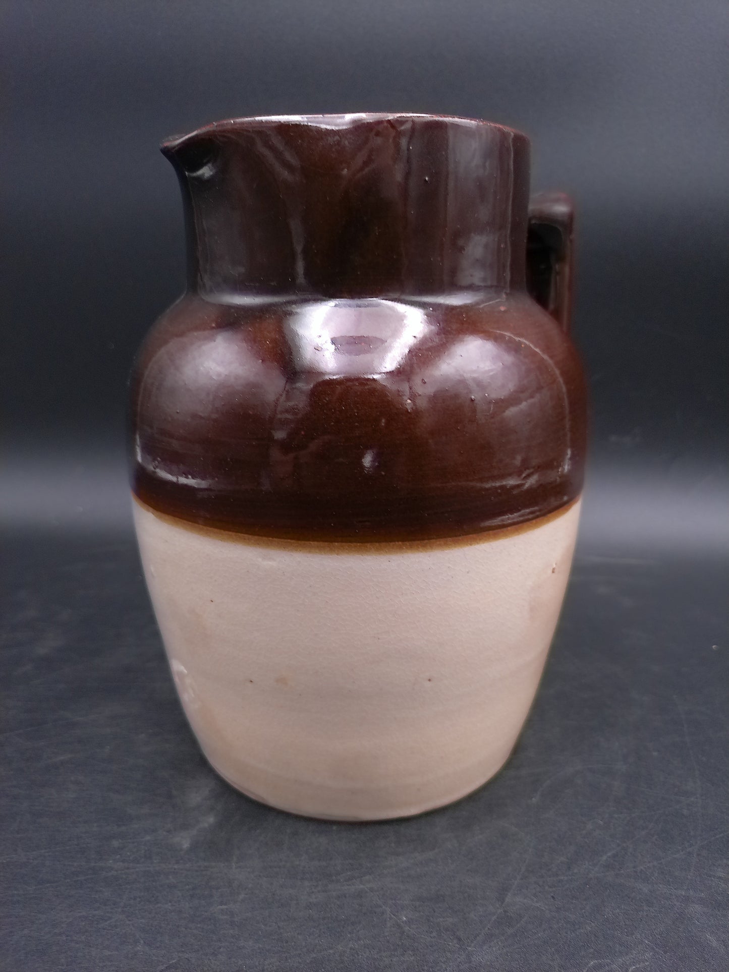 Pitcher Jug Brown and Tan Stoneware Crock Farmhouse Milk Water Vintage
