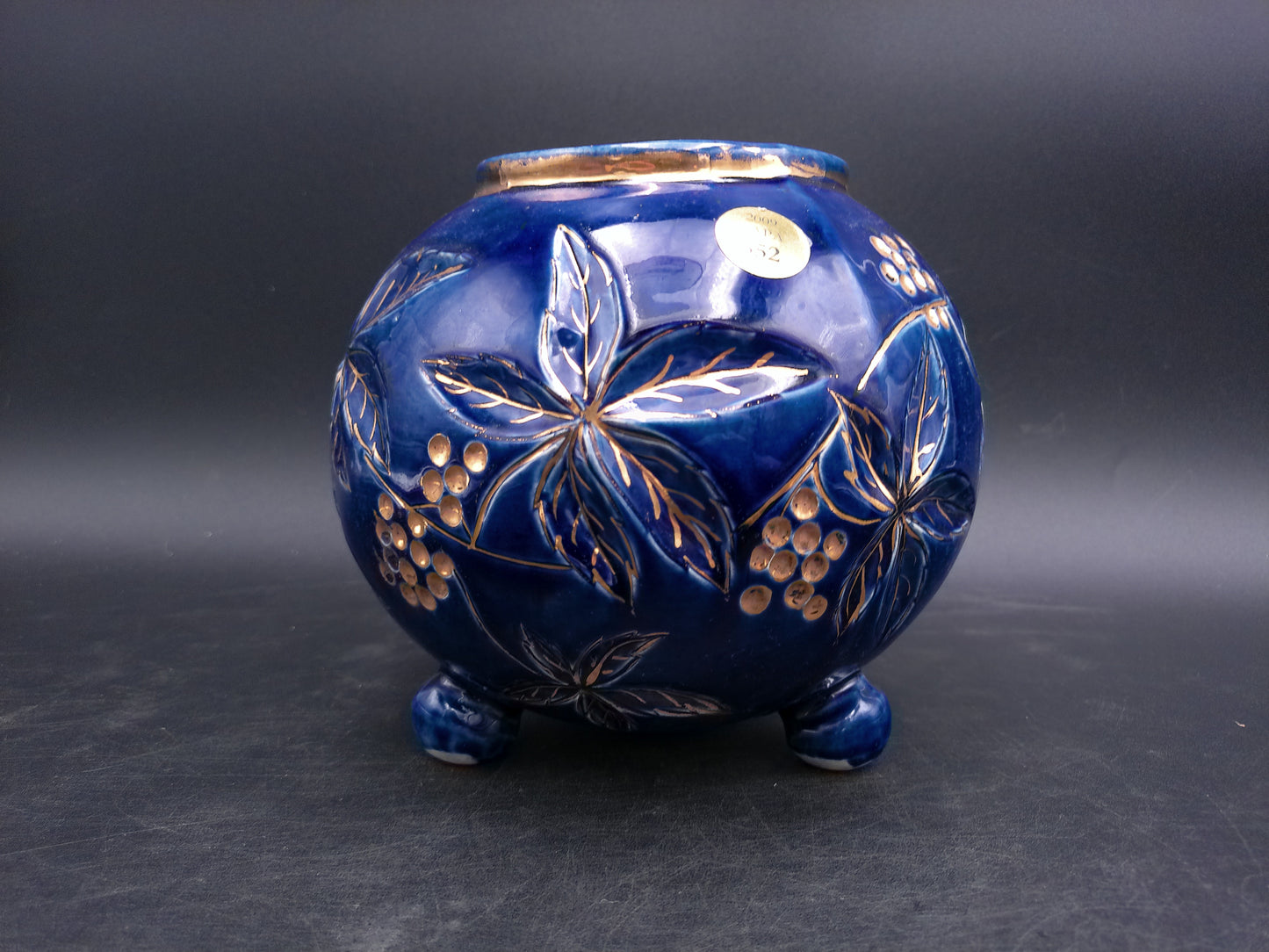 Gold and Cobalt Blue Floral Vase with Feet Vintage Marked 2009 AAPA 352