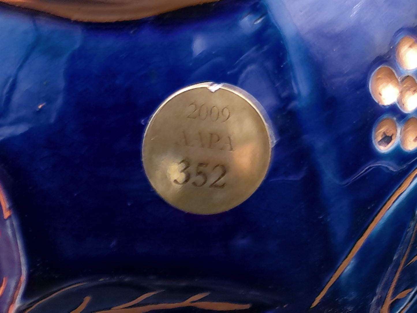Gold and Cobalt Blue Floral Vase with Feet Vintage Marked 2009 AAPA 352