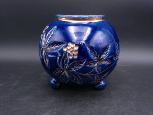 Gold and Cobalt Blue Floral Vase with Feet Vintage Marked 2009 AAPA 352