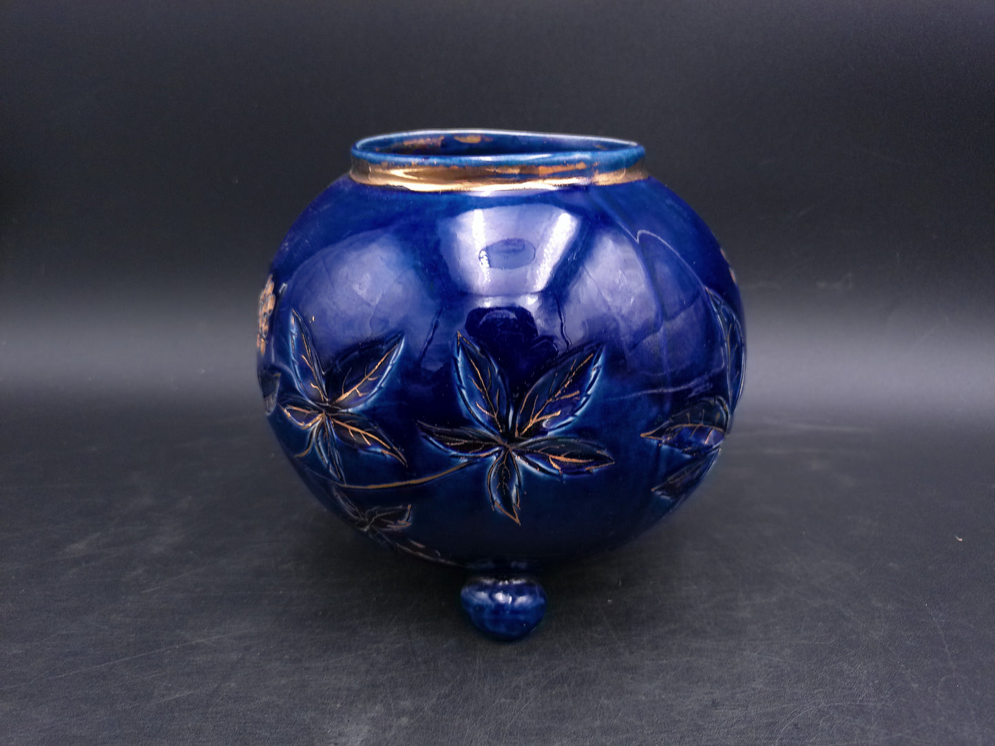 Gold and Cobalt Blue Floral Vase with Feet Vintage Marked 2009 AAPA 352