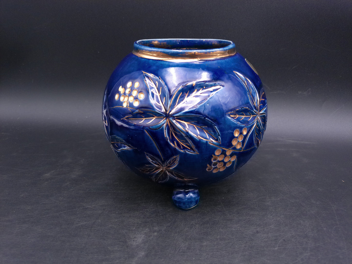 Gold and Cobalt Blue Floral Vase with Feet Vintage Marked 2009 AAPA 352