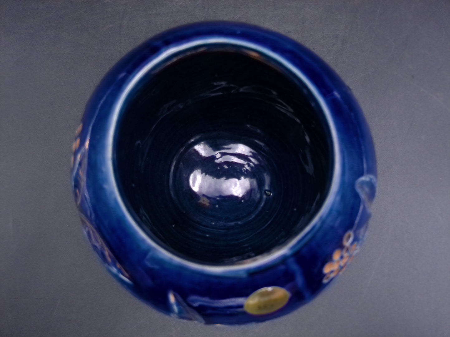 Gold and Cobalt Blue Floral Vase with Feet Vintage Marked 2009 AAPA 352