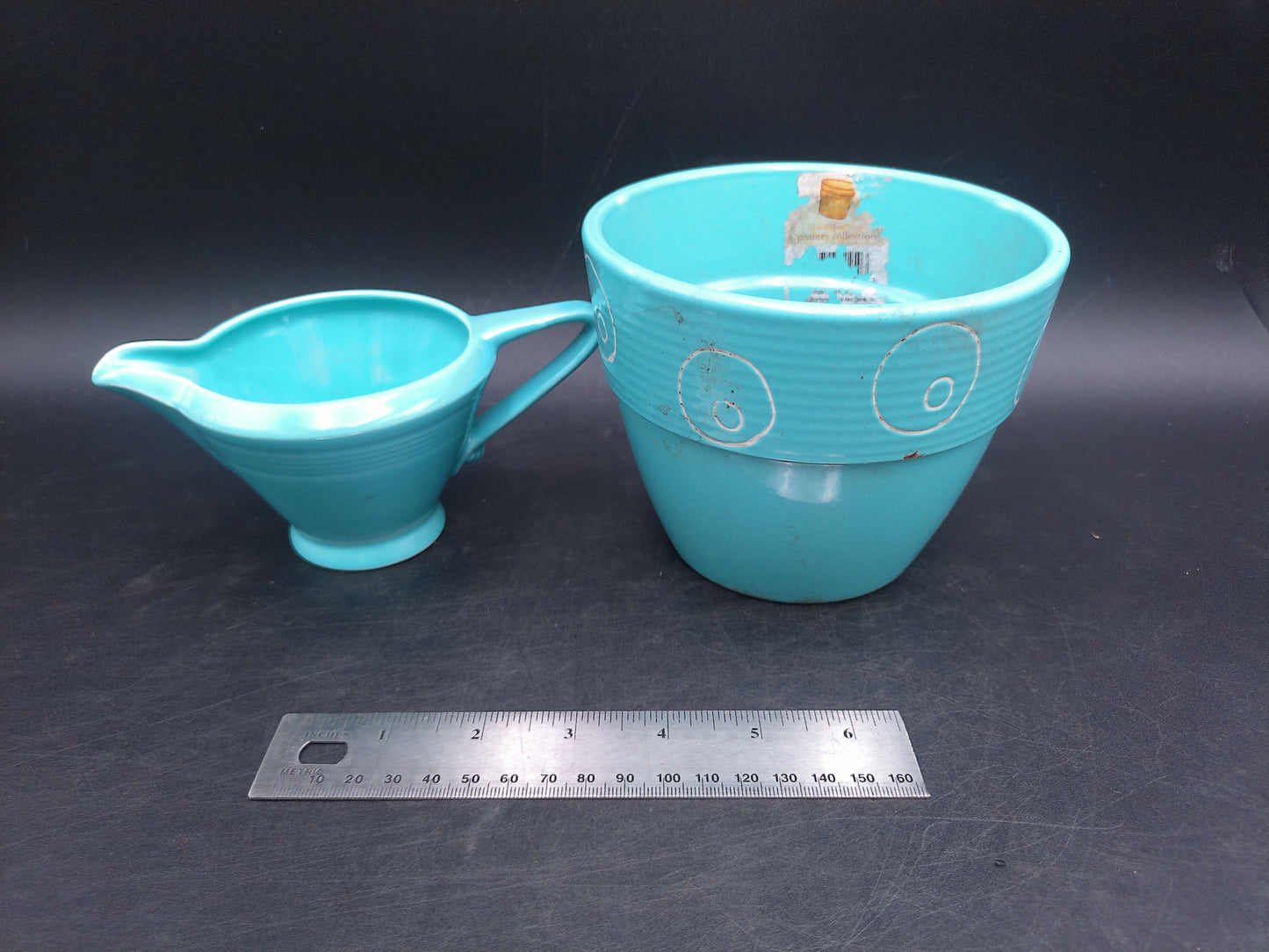 Homer Laughlin Harlequin Aqua Blue Gravy Boat and Cup
