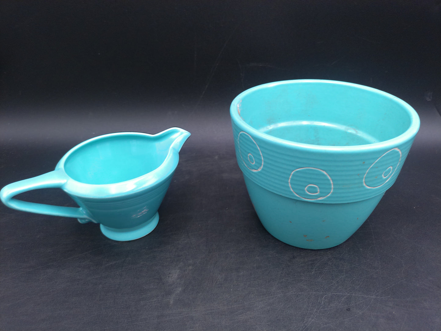 Homer Laughlin Harlequin Aqua Blue Gravy Boat and Cup