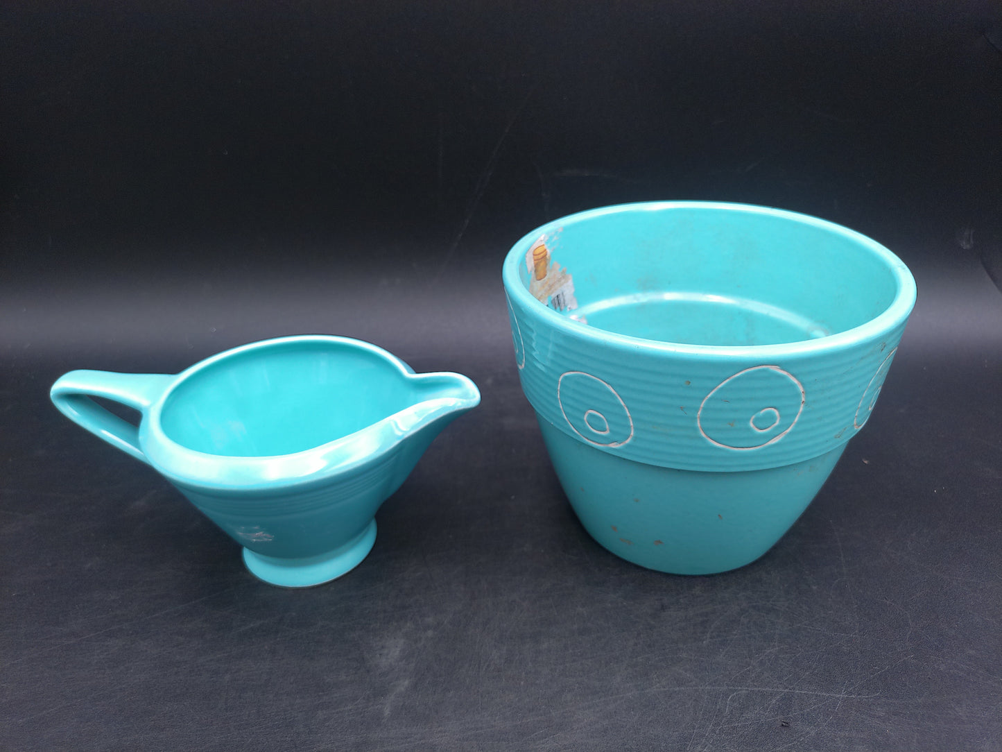 Homer Laughlin Harlequin Aqua Blue Gravy Boat and Cup