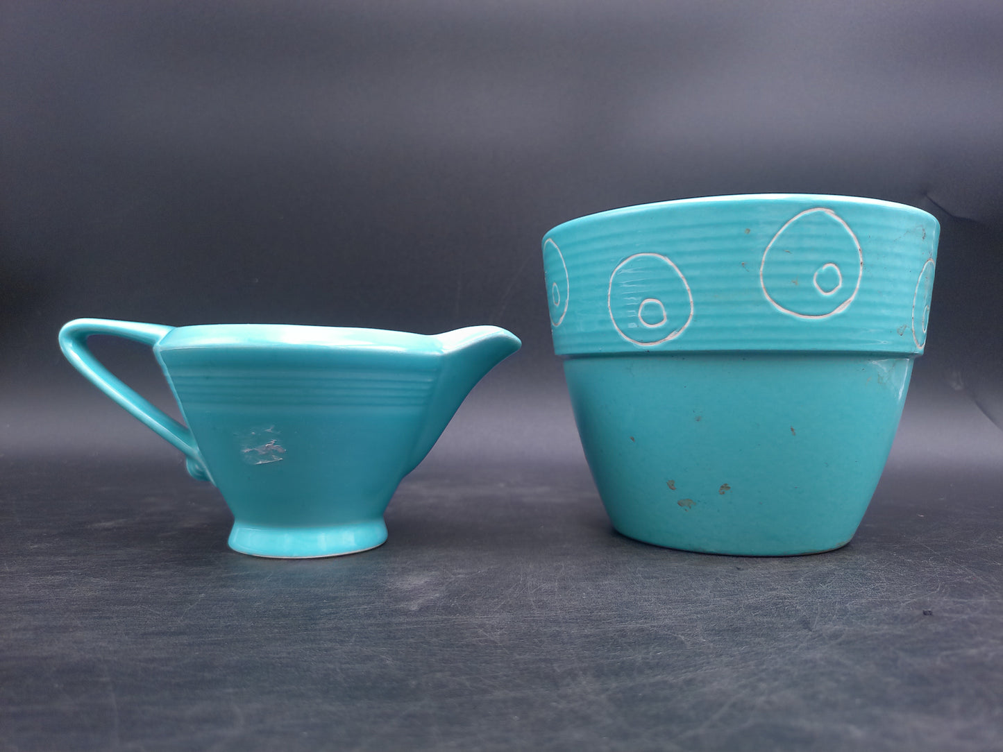 Homer Laughlin Harlequin Aqua Blue Gravy Boat and Cup