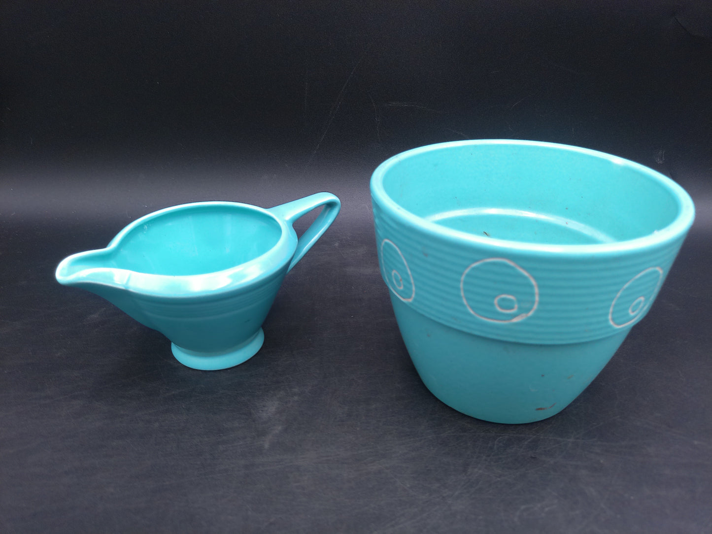 Homer Laughlin Harlequin Aqua Blue Gravy Boat and Cup