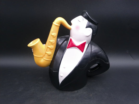 Clay Art Jazz Series 1990 San Francisco Saxophone Player Teapot Pitcher  Tuxedo With Lid