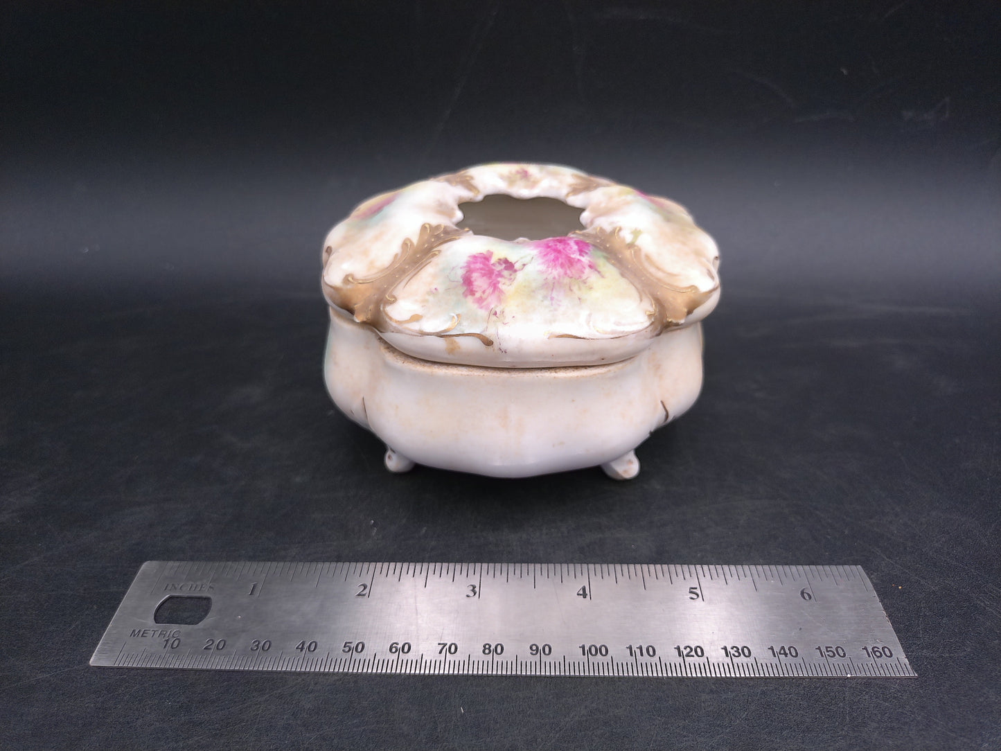 Gold Rim Floral Hair Receiver Porcelain Vintage