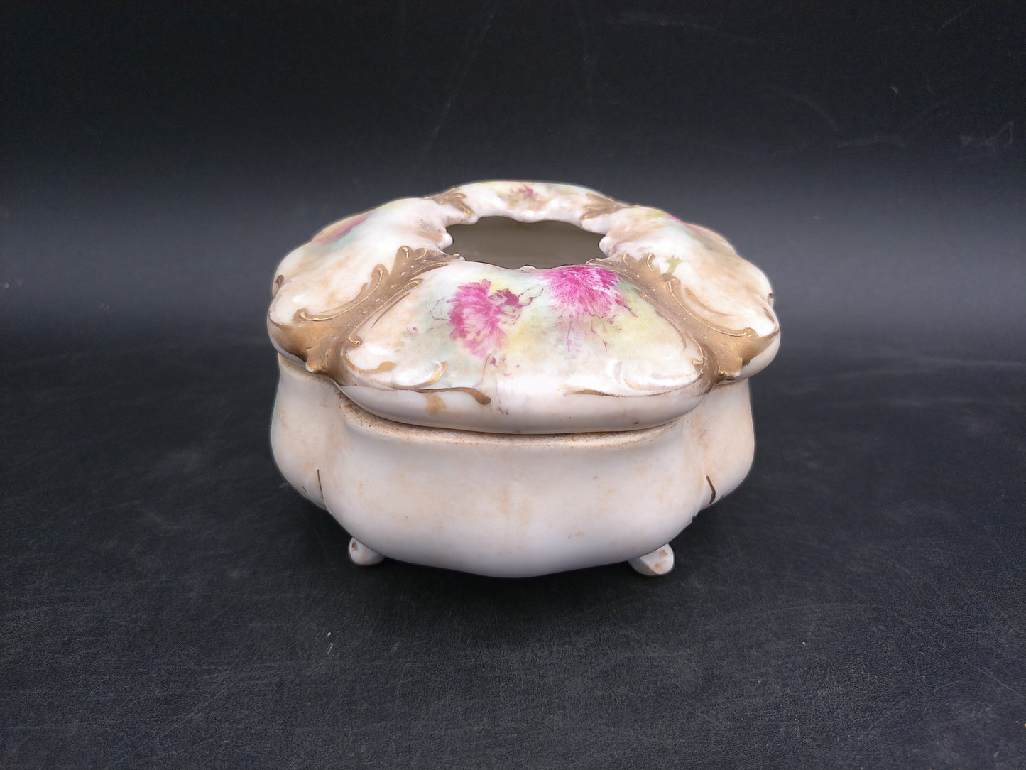 Gold Rim Floral Hair Receiver Porcelain Vintage