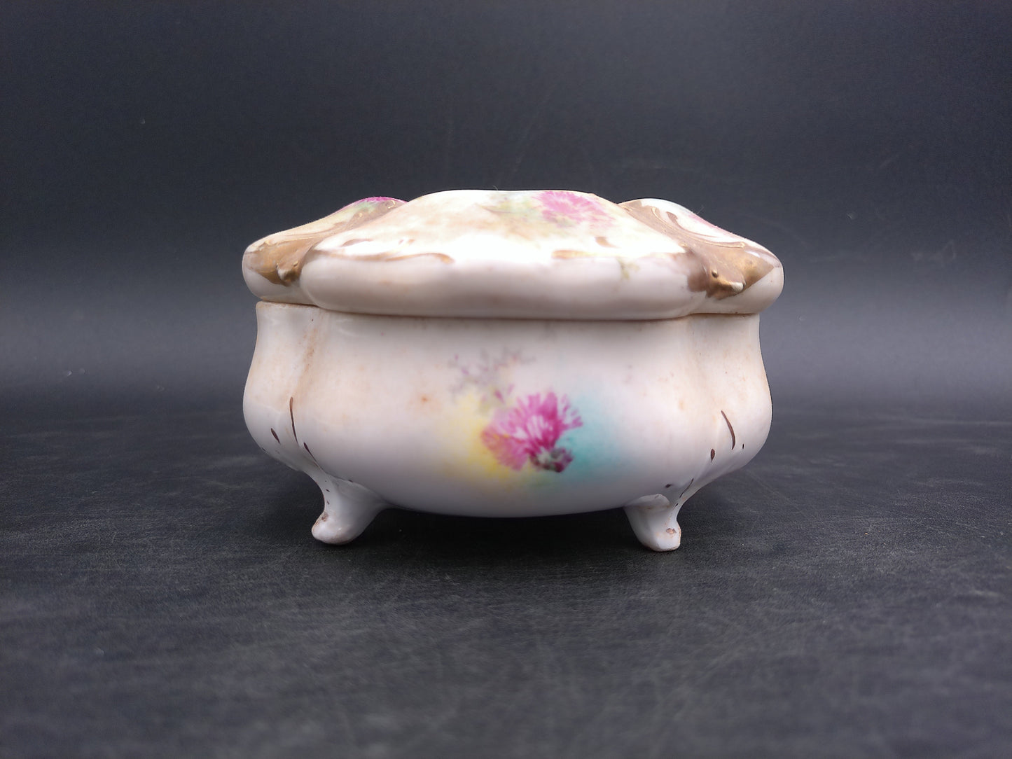 Gold Rim Floral Hair Receiver Porcelain Vintage