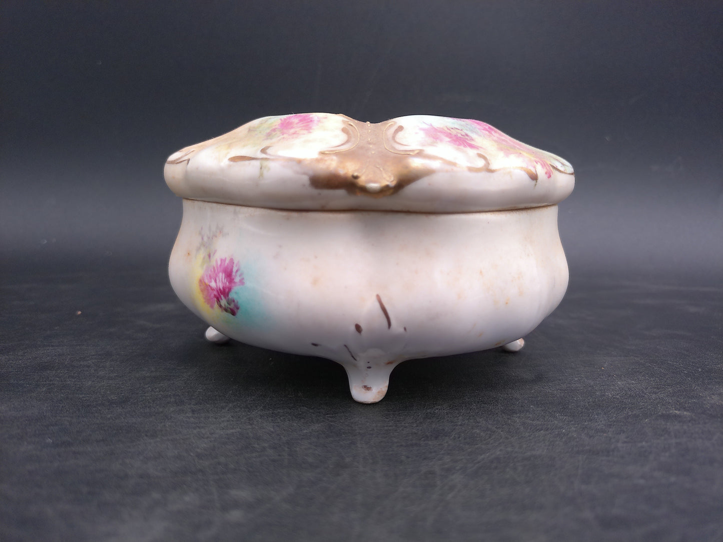 Gold Rim Floral Hair Receiver Porcelain Vintage